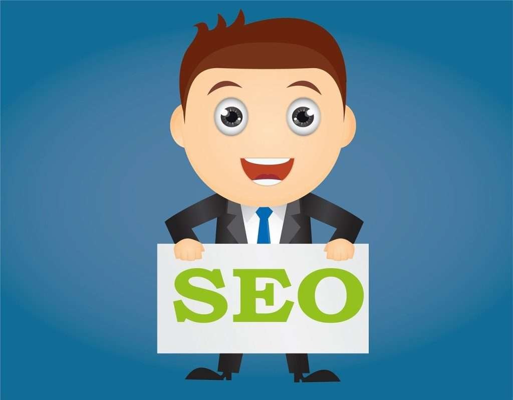 A cartoon man holding up a sign that says seo.