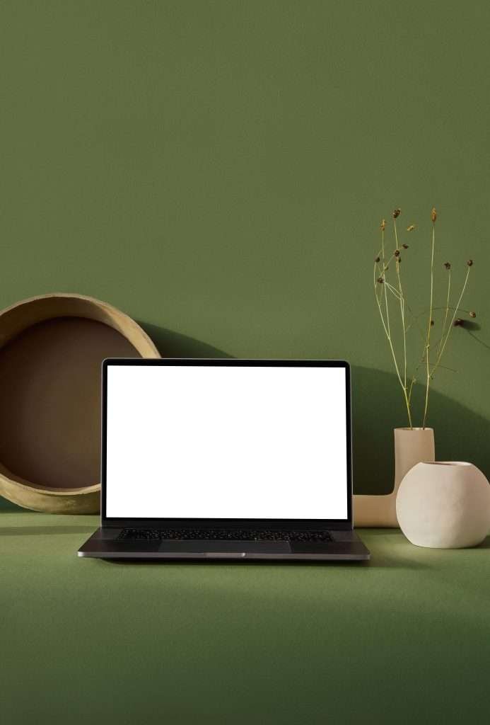 A laptop computer with a blank screen on a green background.