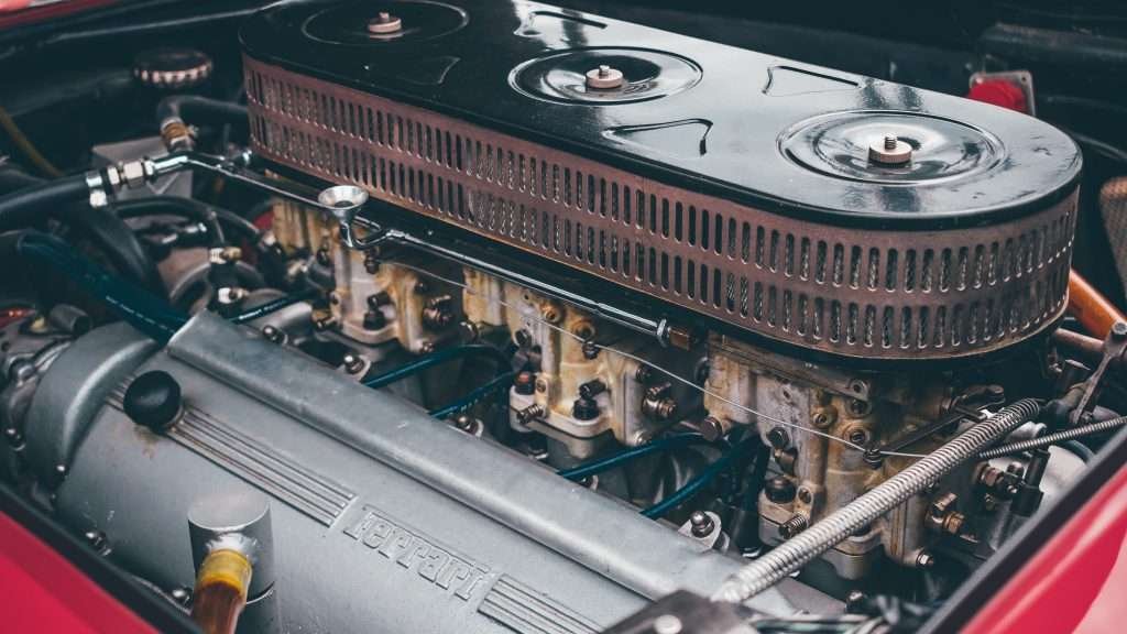 The engine of a classic sports car.