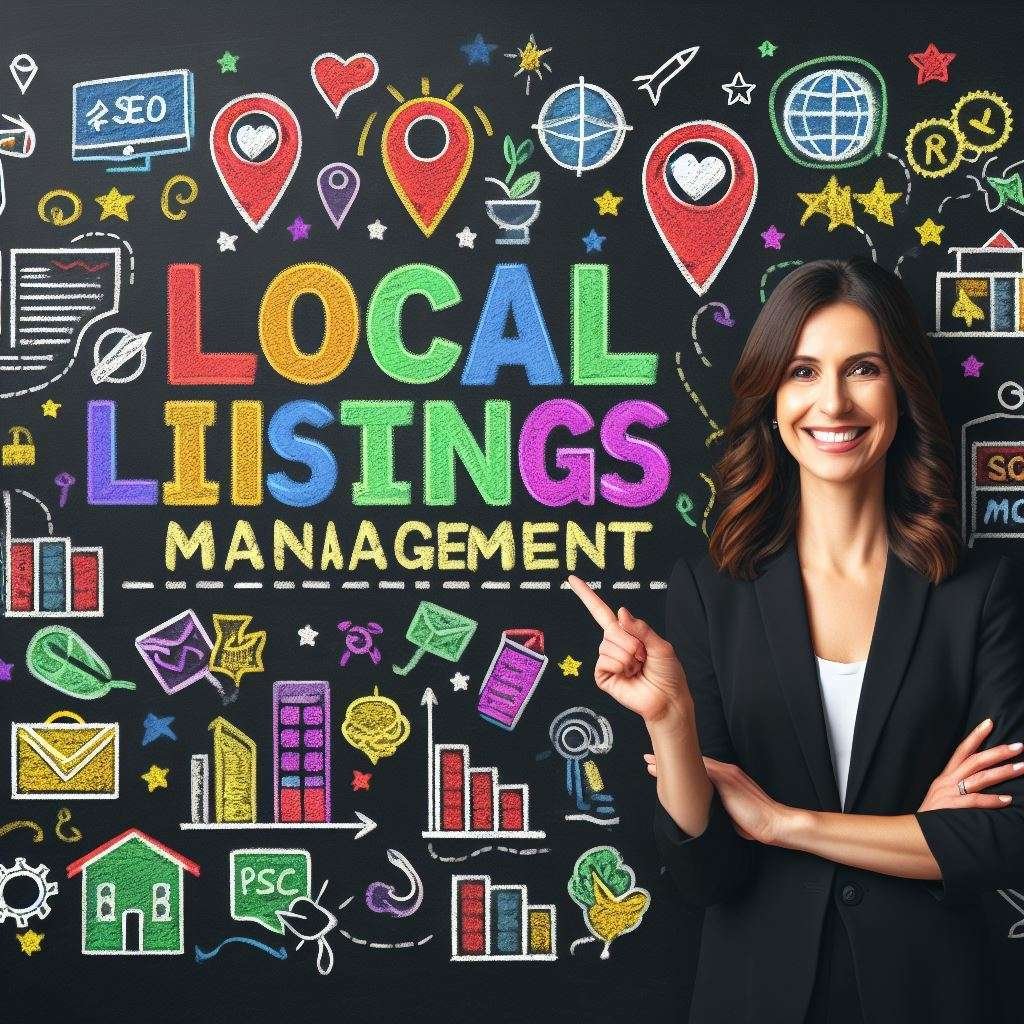 A woman pointing to the word local listings management on a blackboard.