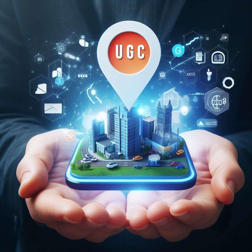 A businessman holding a phone with the word ugc on it.