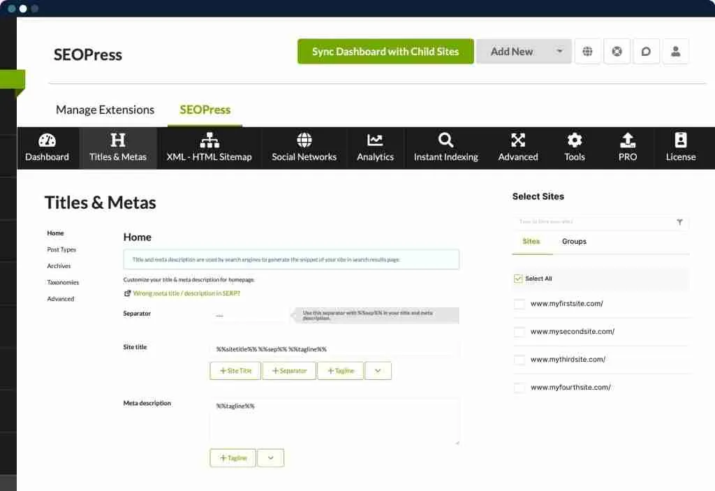 A screen shot of the seopress dashboard.